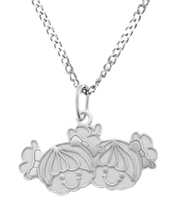 DIJE CON CADENA DE CARITAS DE 2 NIÑAS EN PLATA LEY .925
